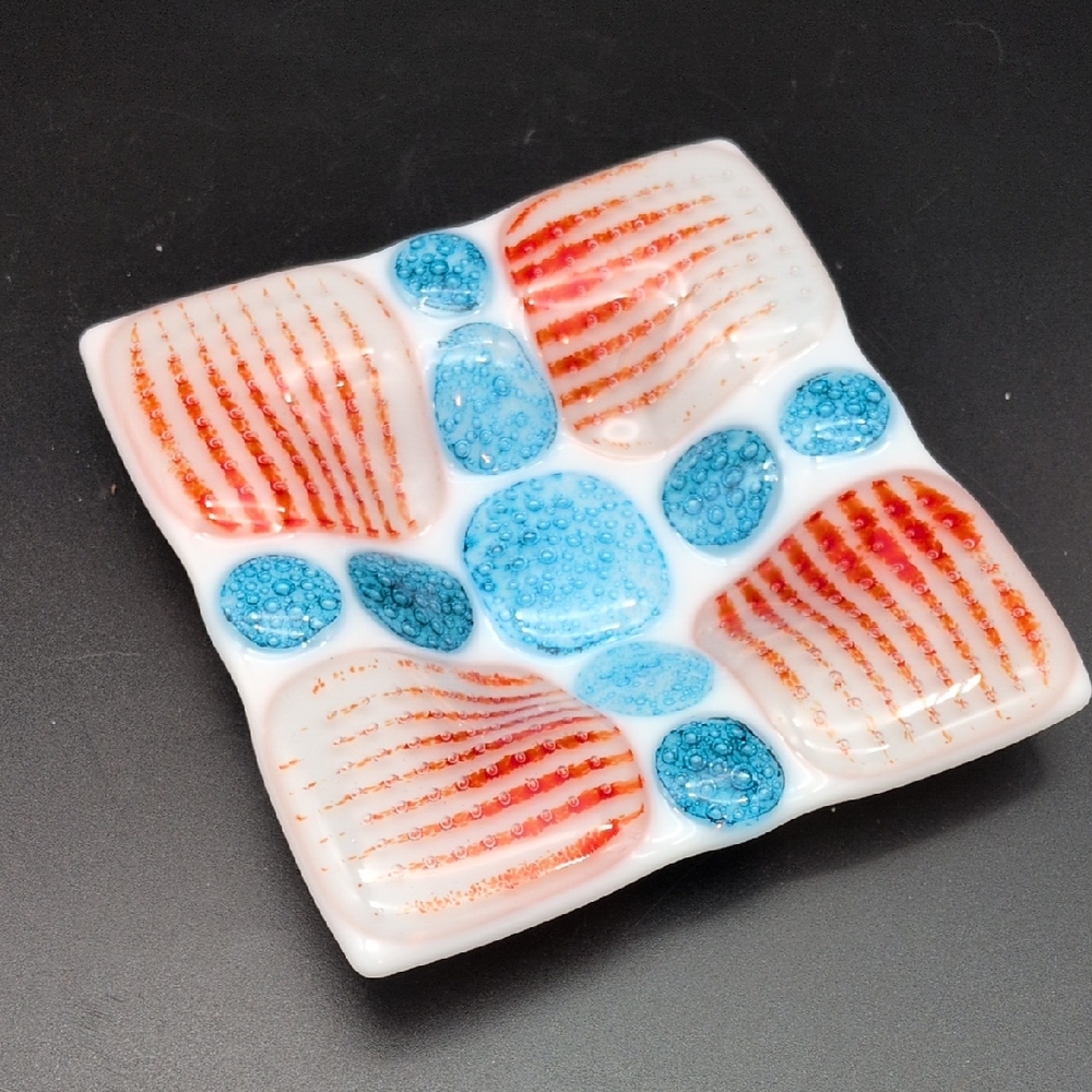 Colorful Blue Orange And White Fused Glass Trinket Dish